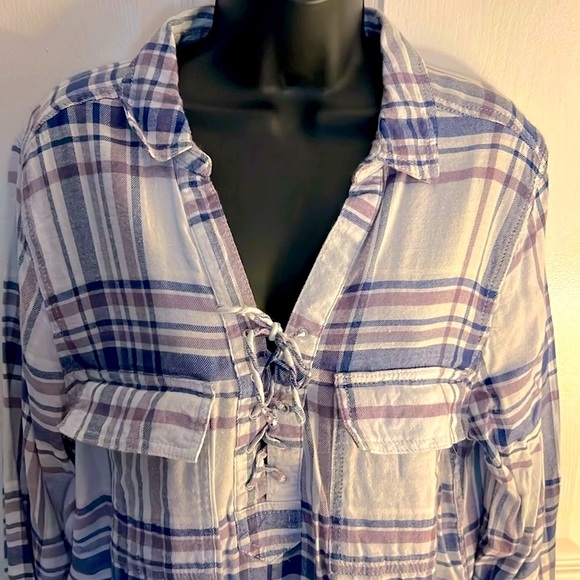 SO 🌲 BLUE/PURPLE PLAID COTTON BLEND LONG SLEEVE LACE-UP TUNIC TOP Women’s XXL - Picture 2 of 9